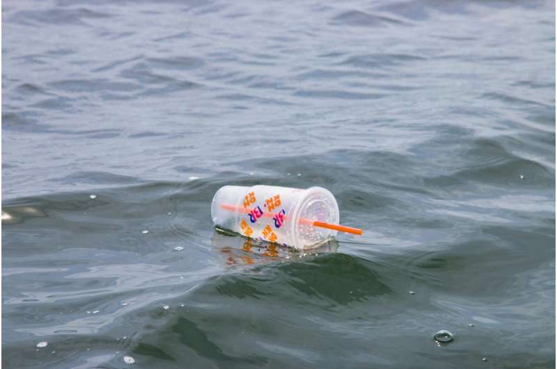 A plastic cup floating in the water polluting the earth.